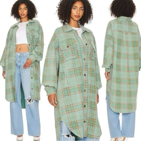 Free People Plaid Long Ruby Jacket Shacket Coat Sage Small Grunge 90s Distressed - Picture 4 of 12